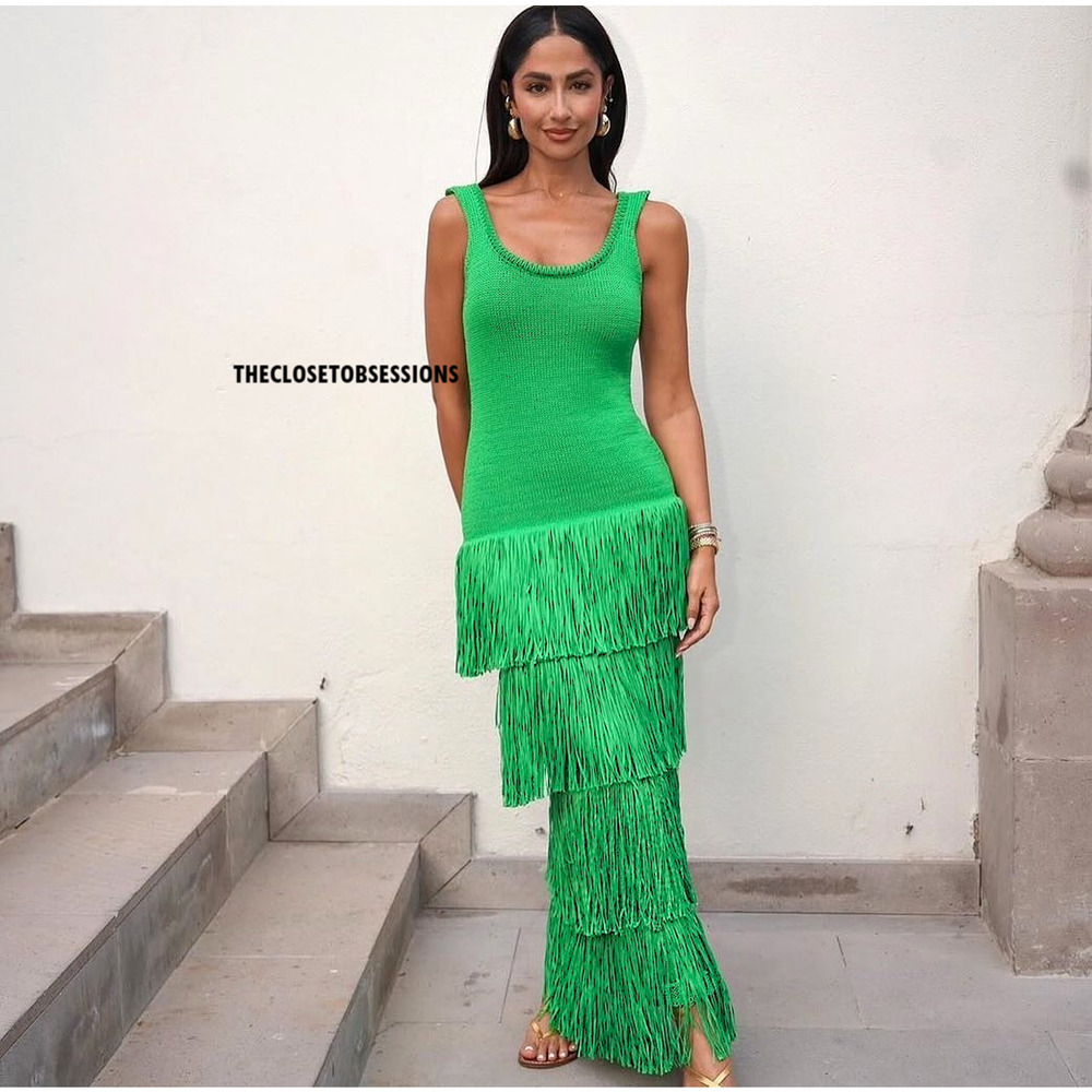 Mango Bright Green Tiered Fringe Maxi Dress - Picture 9 of 16